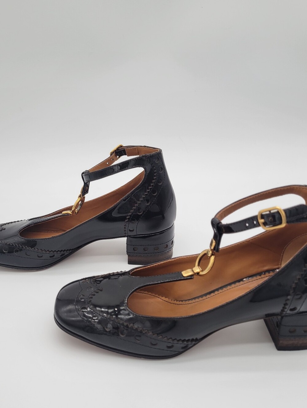 Chloe Brown Patent Leather T-Strap Pumps with Gold Hardware - Picture 2 of 5